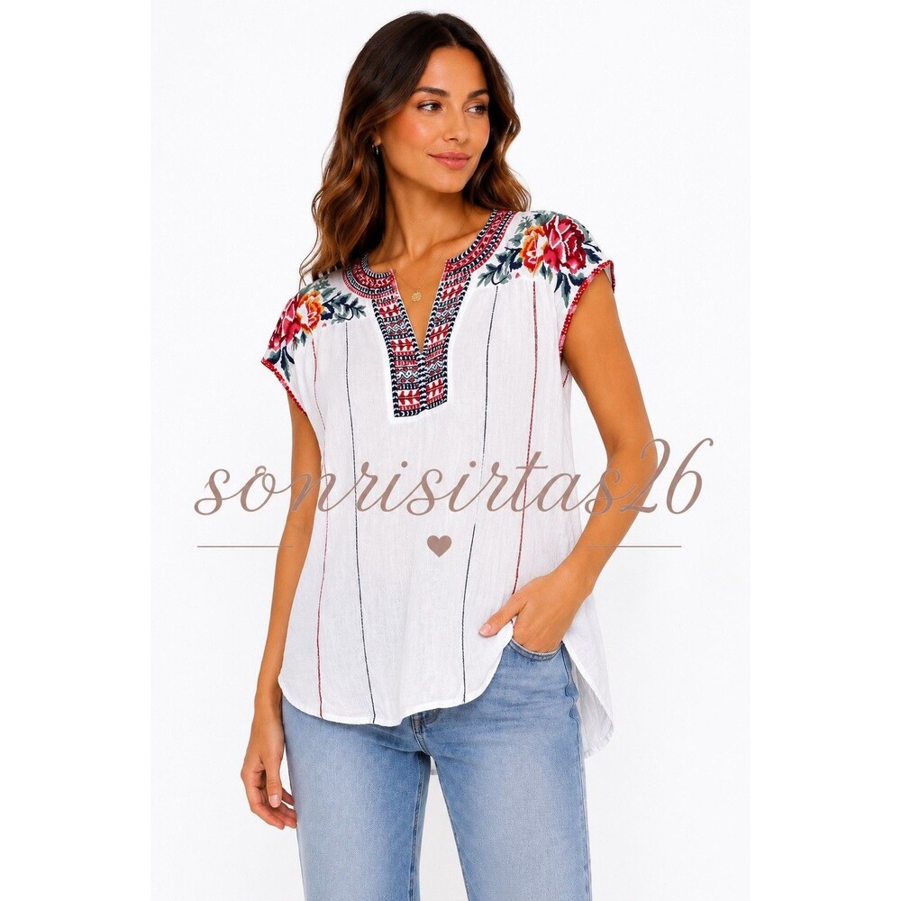 Johnny Was Workshop Embroidered Cotton Peasant Blouse Size S Boho Cottagecore